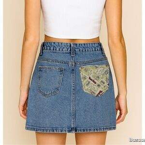 Tom & Jerry Denim Mini Skirt Medium Cartoon Patch Y2K Retro Kitschy Cat Quirky